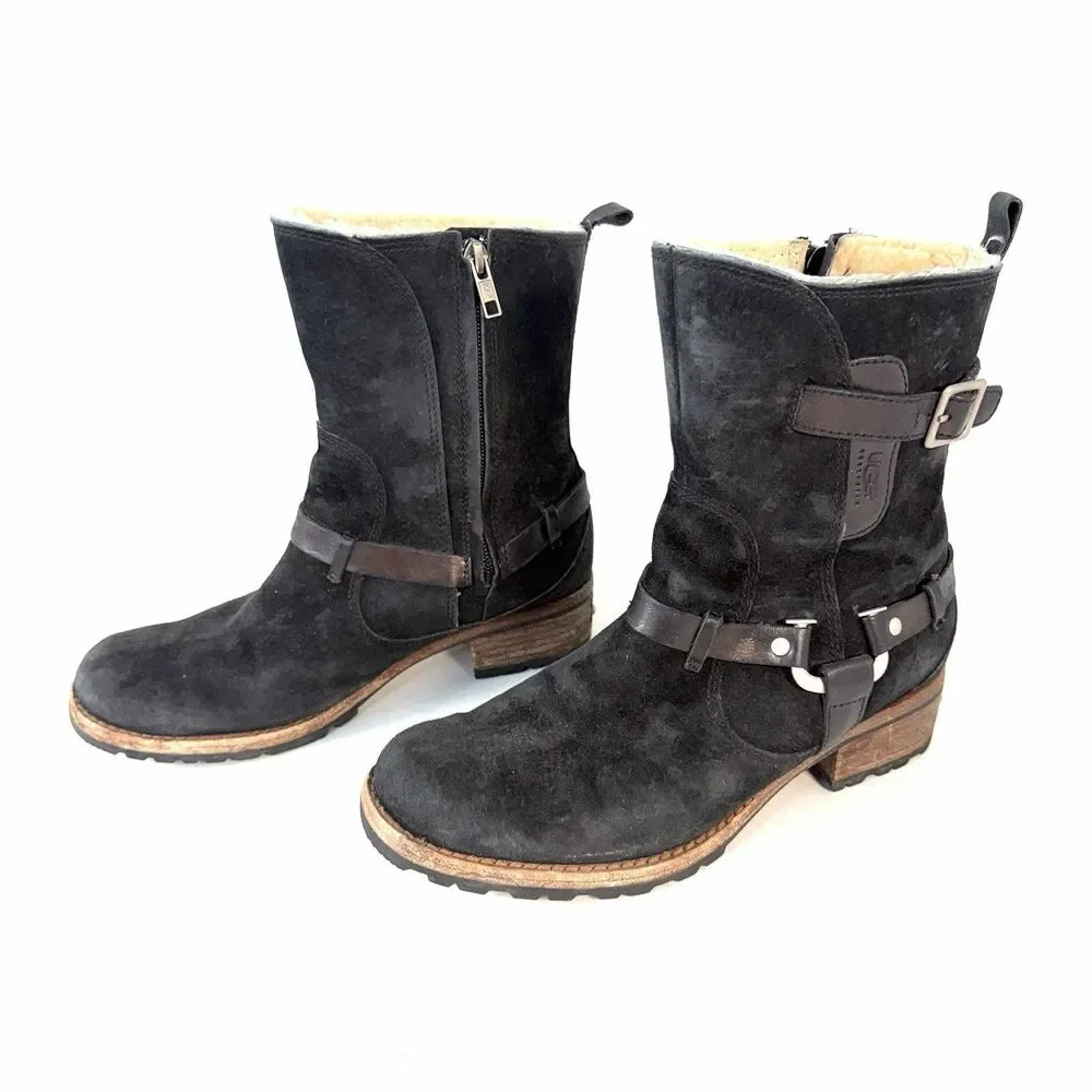 UGG Australia ENDELL Black Waterproof Suede Logo Biker Boots US 8 5604